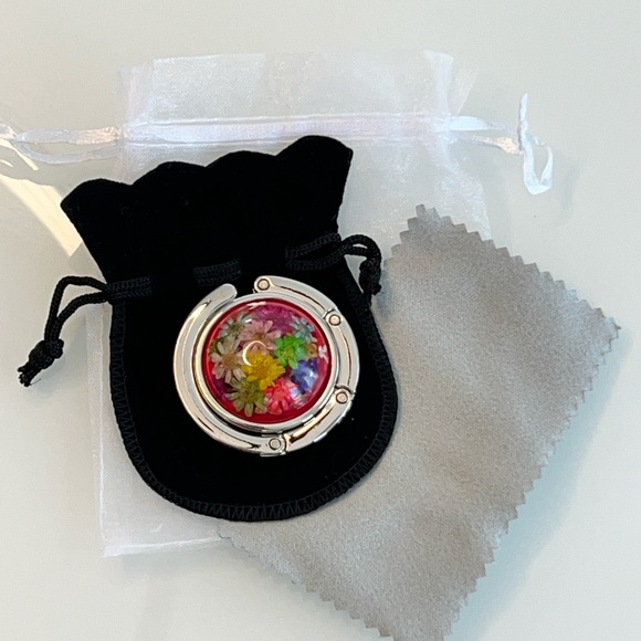 - Foldable Bag Hook/Purse Hanger - Handmade - Pink Flowers - Fits Most Tables - Picture 7 of 8